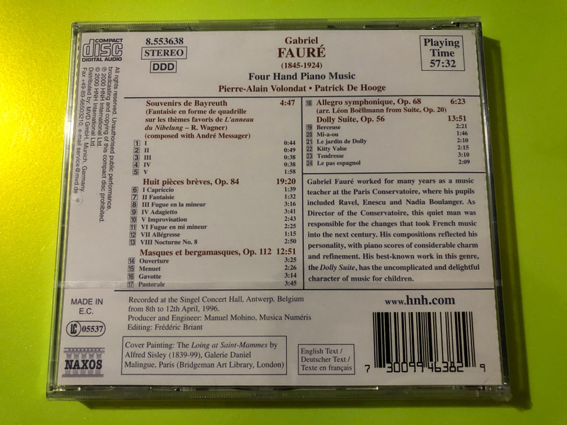 Naxos: Gabriel Fauré — Four Hand Piano Music / Pierre-Alain Volondat & Patrick De Hooge (Audio CD) (730099463829) 