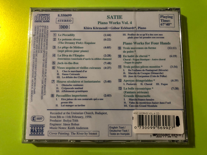 Satie: Piano Works Vol. 4 – Körmendi, Eckhardt, Naxos (CD) (0730099569927) 