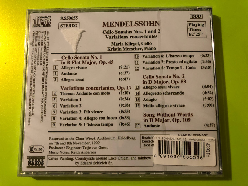 Mendelssohn: Cello Sonatas Nos. 1 & 2, Variations concertantes – Kliegel, Merscher, Naxos (CD) (4891030506558) 