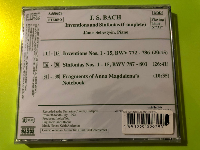 J.S. Bach: Inventions and Sinfonias (Complete) – János Sebestyén, Naxos (Piano CD) (4891030506794) 