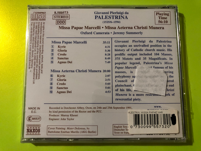 Palestrina: Missa Papae Marcelli & Missa Aeterna Christi Munera – Oxford Camerata, Naxos (CD) (0730099557320) 