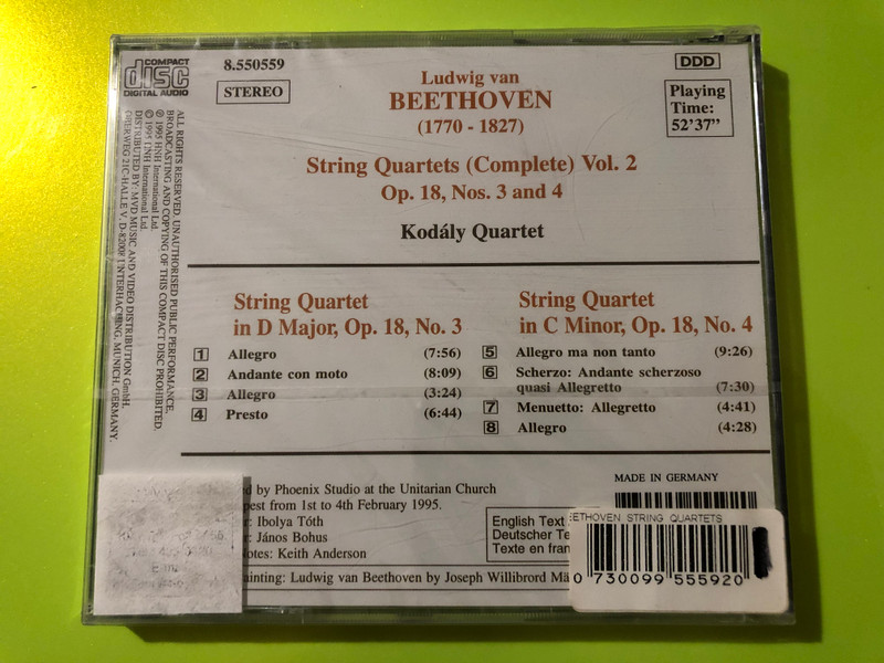 Beethoven: String Quartets (Complete) Vol. 2, Op. 18 Nos. 3 & 4 – Kodály Quartet, Naxos (CD) (0730099555920) 