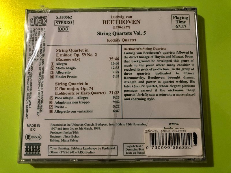 Beethoven: String Quartets Vol. 5, Op. 59 No. 2 'Razumovsky' & Op. 74 'Harp' – Kodály Quartet, Naxos (CD) (0730099556224) 