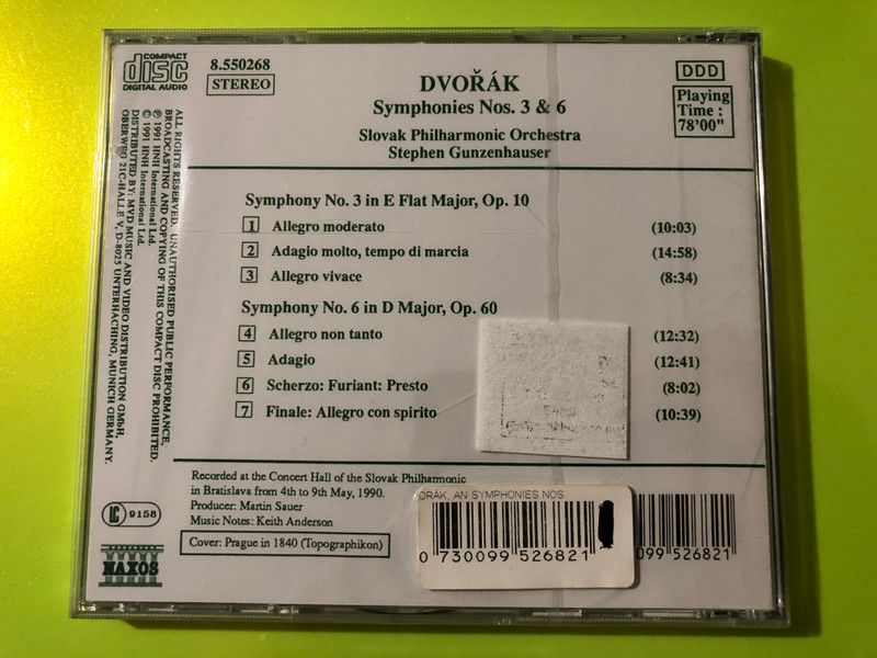 Dvořák: Symphonies No. 3, Op. 10 & No. 6, Op. 60 – Gunzenhauser, Naxos (CD) (0730099526821) 