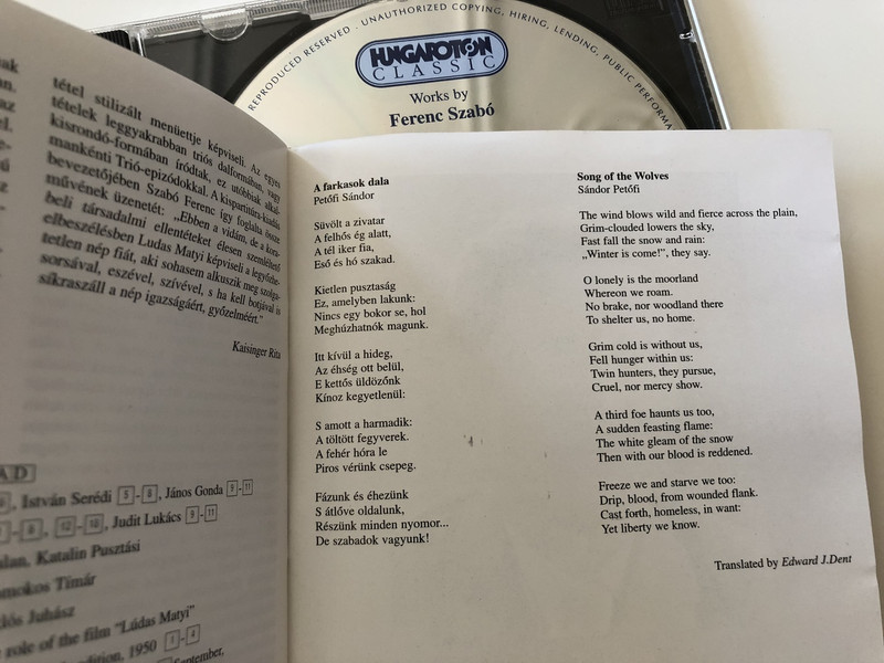 Ferenc Szabó "Ludas Matyi" Suite No 1 / Lyrics Suite, Song of the Wolves, String Trio / AUDIO CD 2001 / HUNGAROTON CLASSIC HCD31986 / Conducted Gyula Németh / Hungarian Radio and Television Chorus