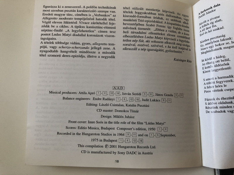 Ferenc Szabó "Ludas Matyi" Suite No 1 / Lyrics Suite, Song of the Wolves, String Trio / AUDIO CD 2001 / HUNGAROTON CLASSIC HCD31986 / Conducted Gyula Németh / Hungarian Radio and Television Chorus (5991813198624)