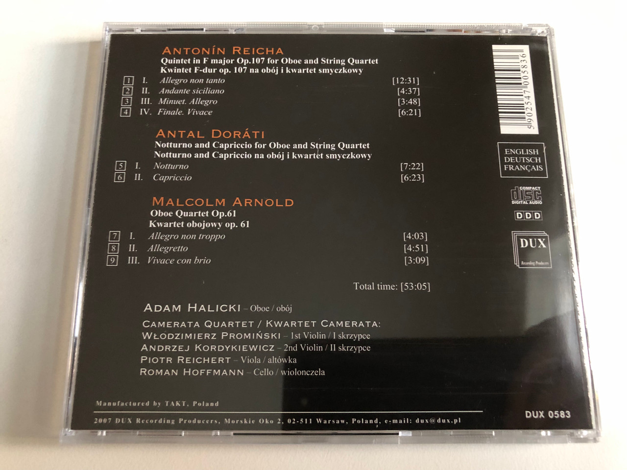 https://cdn11.bigcommerce.com/s-62bdpkt7pb/products/0/images/345373/Reicha_Dorati_Arnold_-_Adam_Halicki_oboe_Camerata_Quartet_DUX_Recording_Producers_Audio_CD_2007_DUX_0583_2__07546.1724094954.1280.1280.JPG?c=2