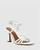 Roxanne White Leather Flared Heel Strappy Sandal. 