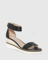 Lazy Black Leather Ankle Strap Wedge Sandal. 