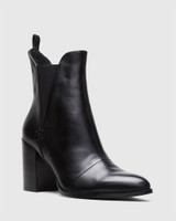 Honesty Black Leather Elasticated Gusset Block Heel Ankle Boot. 