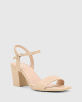 Collin Ecru Leather Block Heel Ankle Strap Sandal. 