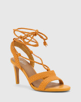 Ibitha Goldfish Yellow Weave Stiletto Heel Sandal. 