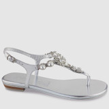 Sparkling Silver Leather Embellished Flat Sandal. 
