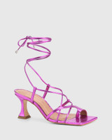 Otavia Fuchsia Croc Embossed Metallic Leather Flared Heel Sandal 