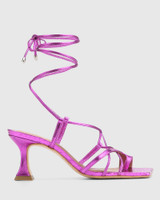 Otavia Fuchsia Croc Embossed Metallic Leather Flared Heel Sandal 