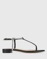 Bartel Black Leather With Diamante Flat Sandal 