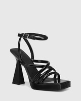 Trey Black Patent Leather Platform Heel Sandal 