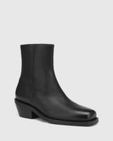 Jaymie Black Leather Block Heel Ankle Boot 