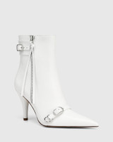 Vikina White Leather Cone Heel Ankle Boot 