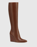 Tayla Cacao Leather Wedge Heel Long Boot 