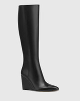 Tayla Black Leather Wedge Heel Long Boot 