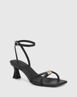 Kendall Black Leather Flared Heel Sandal 