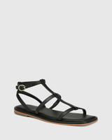 Aidie Black Leather Flat Sandal 