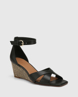 Mennie Black Leather Wedge Heel Sandal 