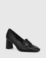 Odelle Black Leather Block Heel Loafer 