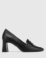 Odelle Black Leather Block Heel Loafer 