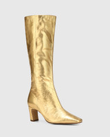 Lavish Gold Metallic Crinkle Leather Block Heel Long Boot 