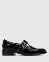 Faiza Black Crinkle Patent Leather T-Bar 