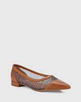 Marta Dark Cognac Leopard Print Leather & Mesh Pointed Toe Flat. 