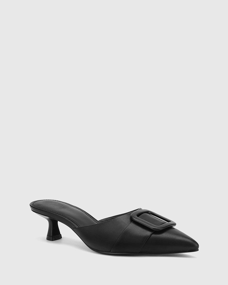Gia Black Leather Buckle Trim Kitten 
