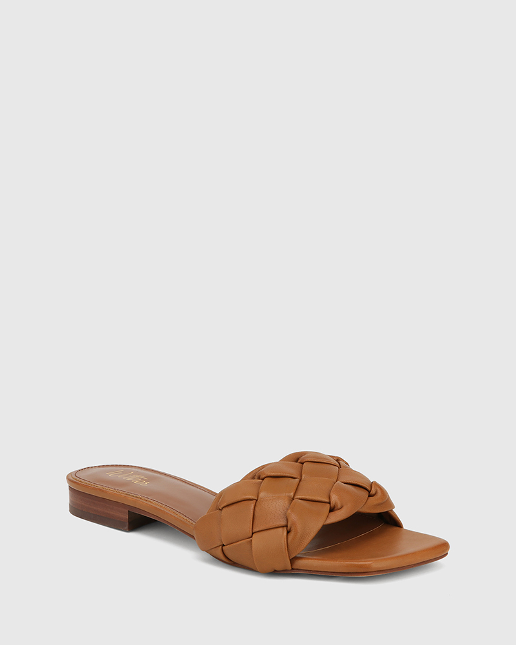 Tan woven hot sale leather slides