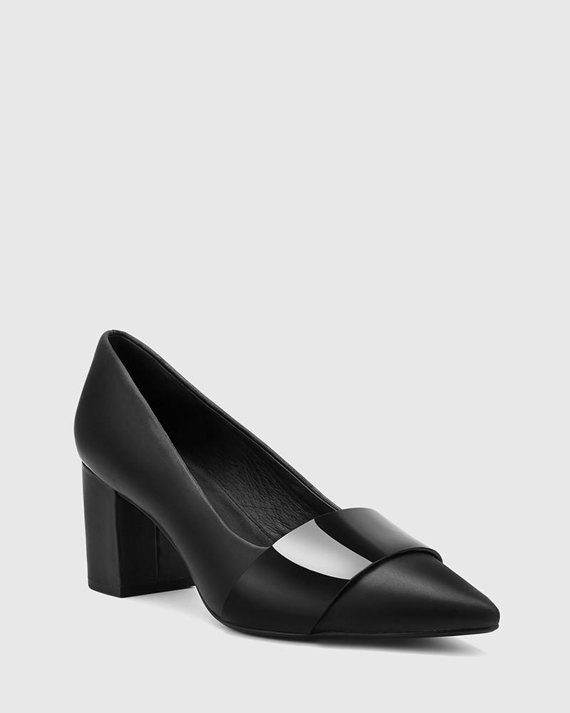 black leather pointed heels