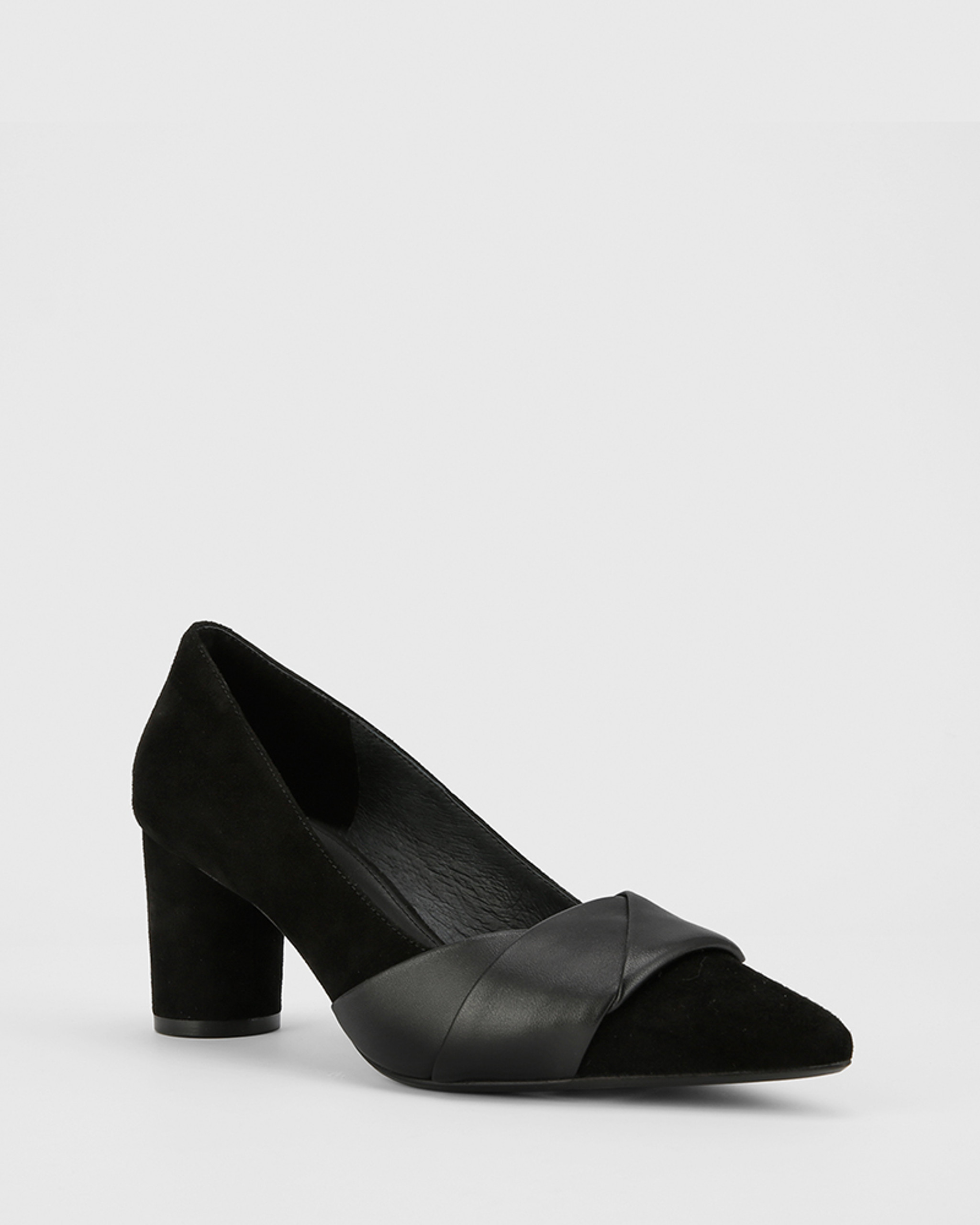 black leather block heel pumps