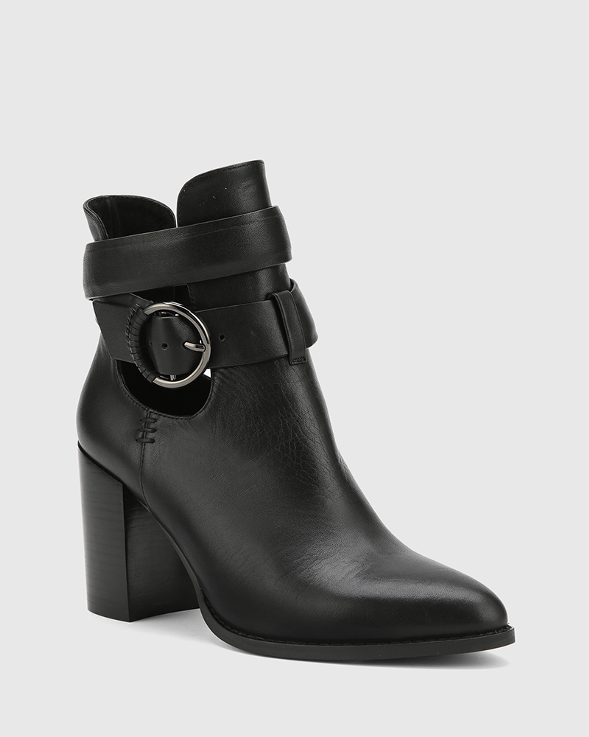 black leather buckle ankle boots