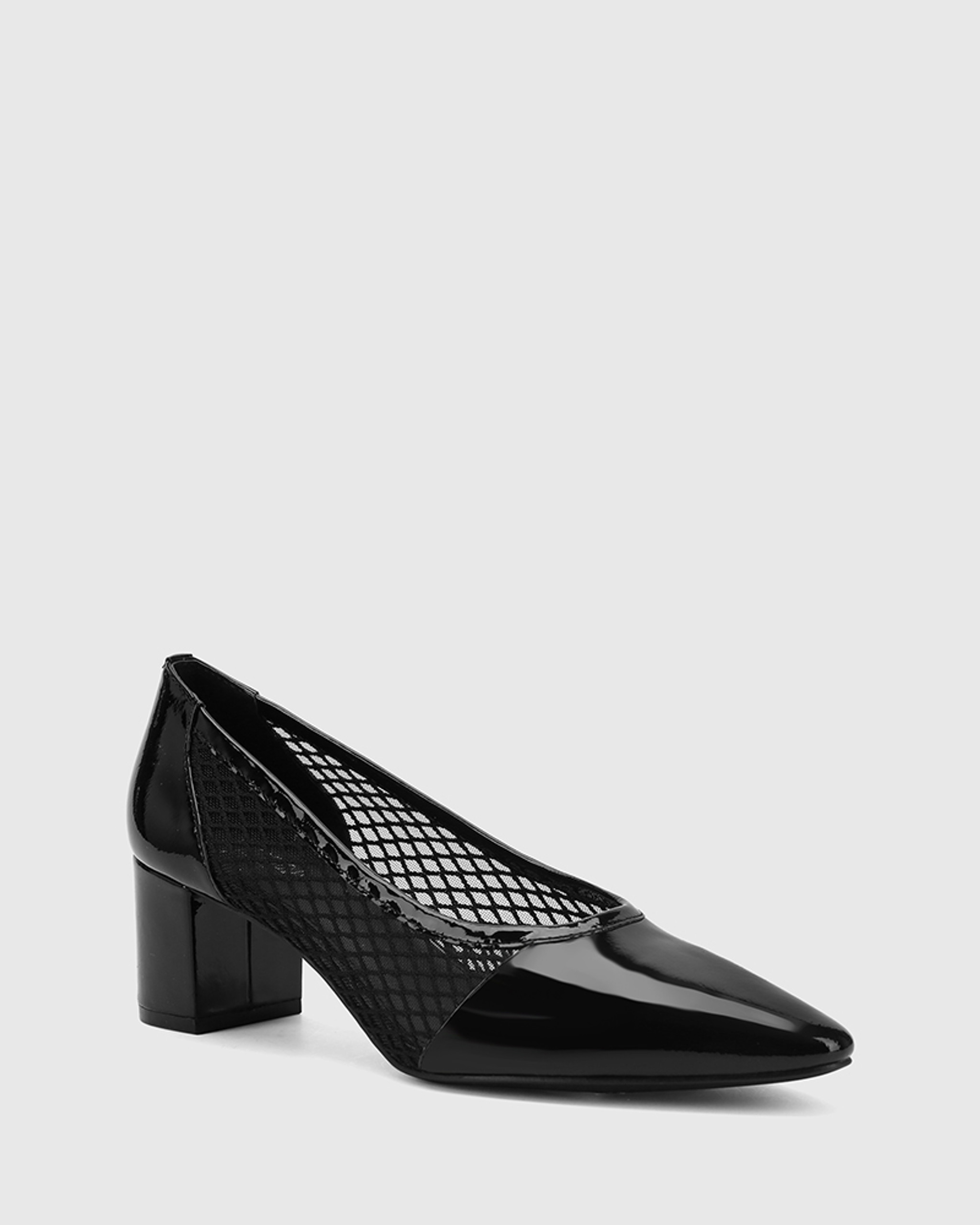 black patent leather block heel pumps