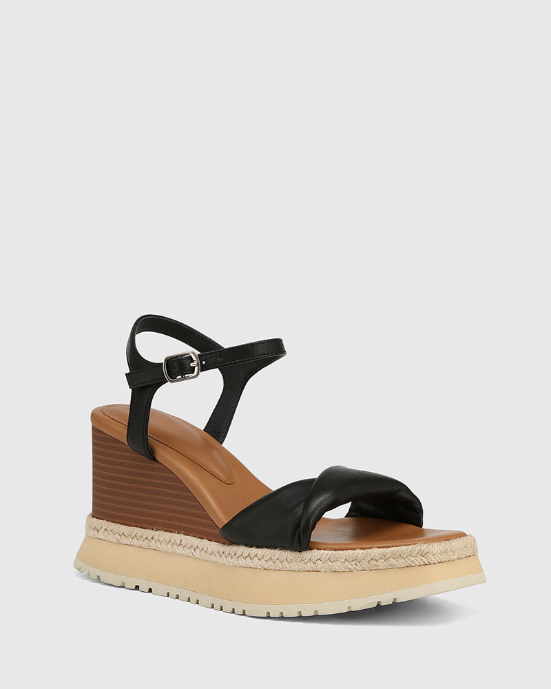 Yvonne Black Leather Wedge Sandal