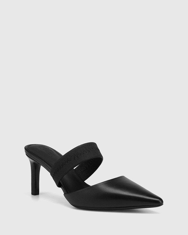 Pettie Black Leather Stiletto Heel Mule