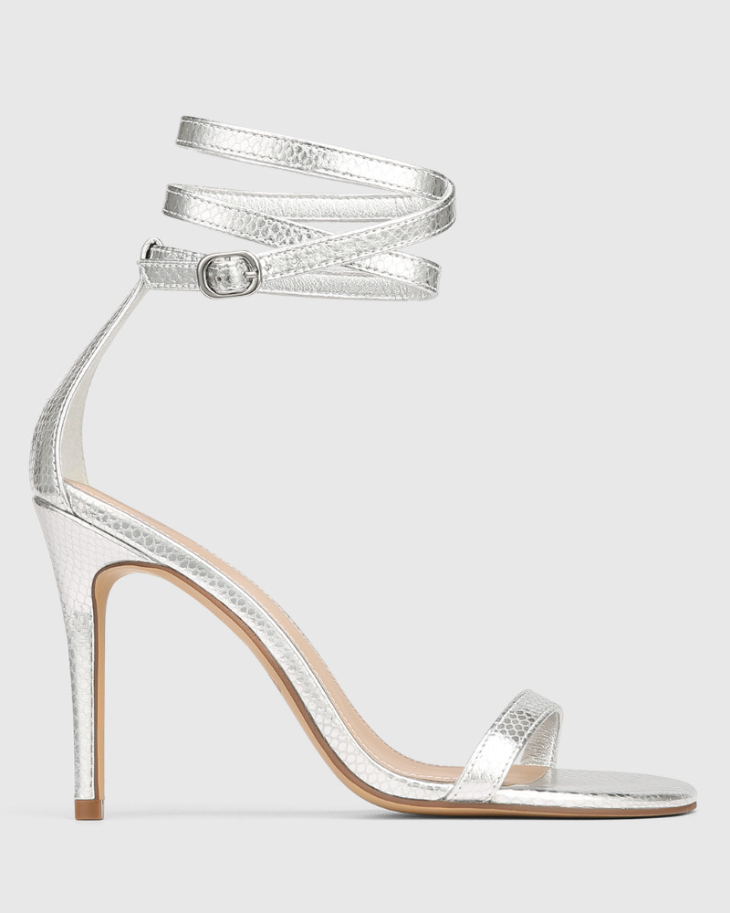 Yardena Silver Snake Embossed Metallic Stiletto Heel Sandal
