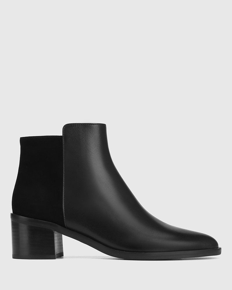 Judith Black Leather and Suede Block Heel Ankle Boot