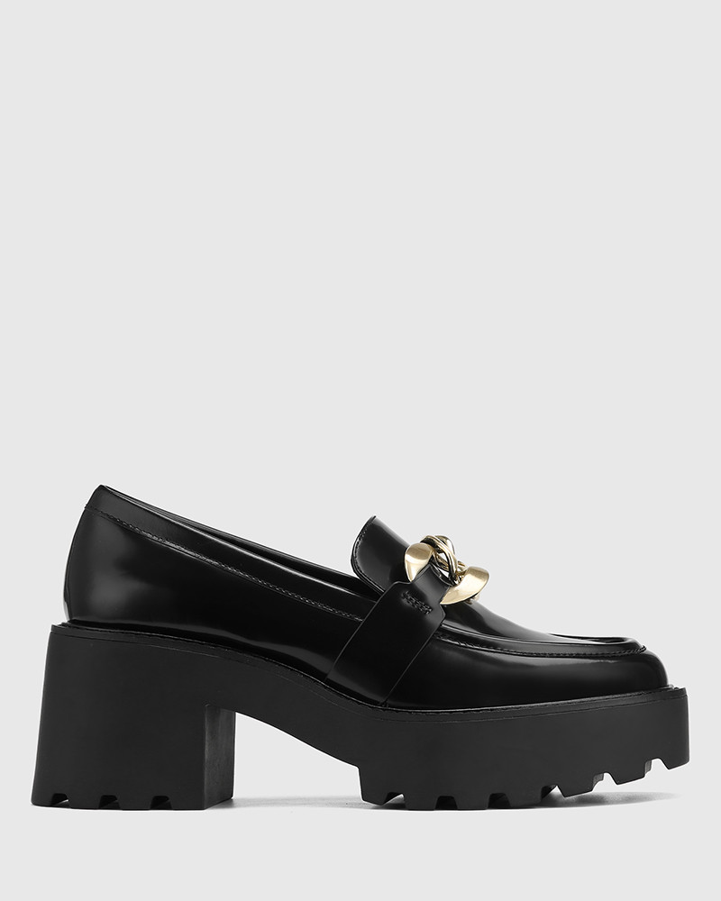 Sophia Black Leather Chunky Heel Loafer