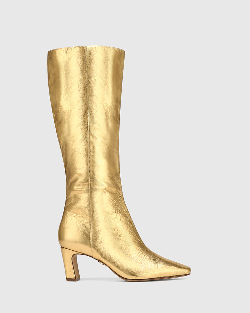Lavish Gold Metallic Crinkle Leather Block Heel Long Boot