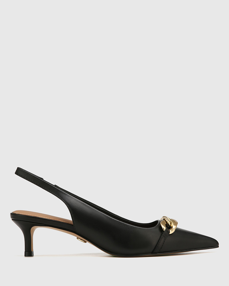Harper Black Leather Kitten Heel Slingback