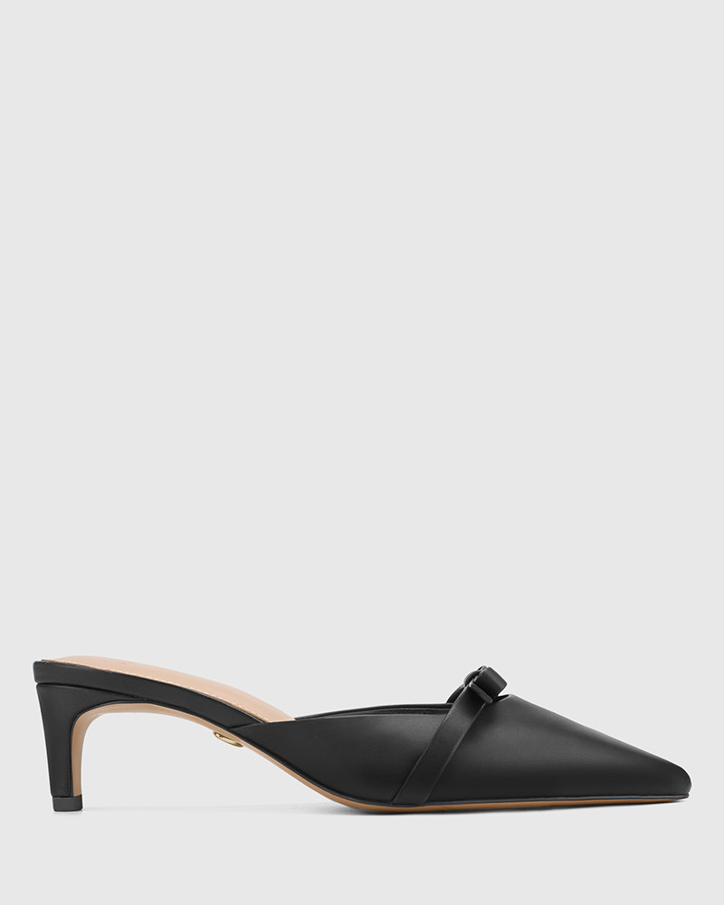 Joya Black Leather Kitten Heel Mule