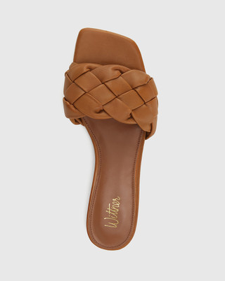 Artica Tan Woven Leather Flat Slide