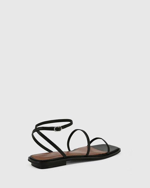 Emmy Black Leather Flat Strappy Sandal