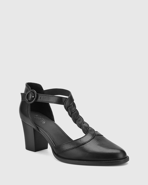 black t bar block heels